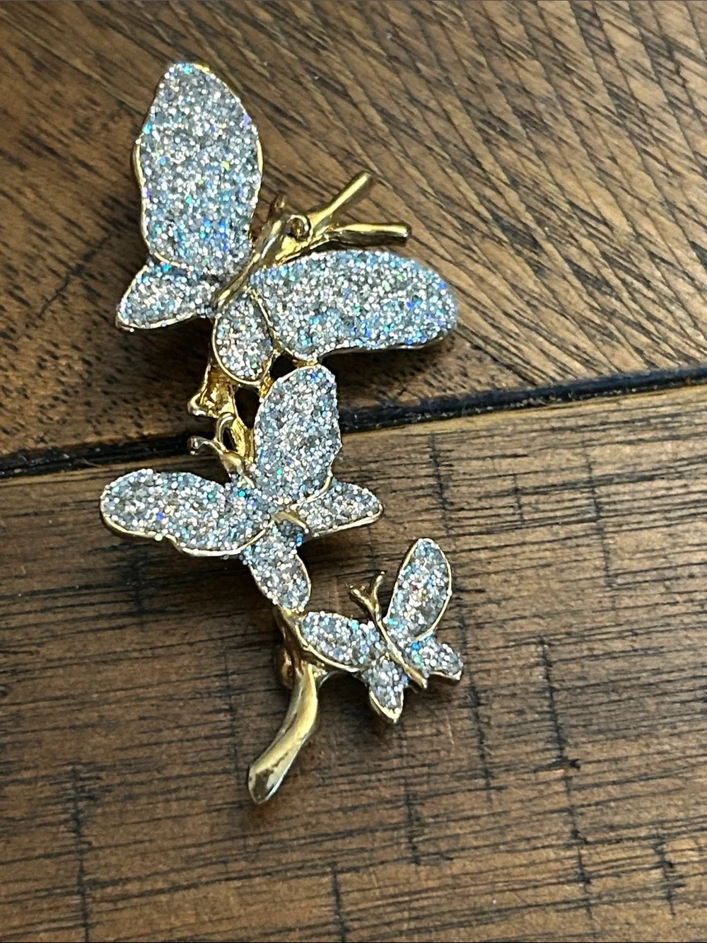 Vintage Gold-Tone Butterfly Brooch with Silver Glitter Accents